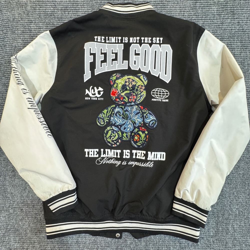Seven Souls Varsity Bomber Jacket Large Black White Feel Good Bear Graphic